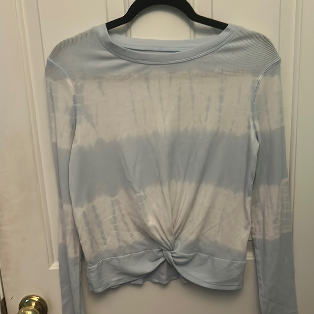 Blue and White Long Sleeve Tie Front Tee